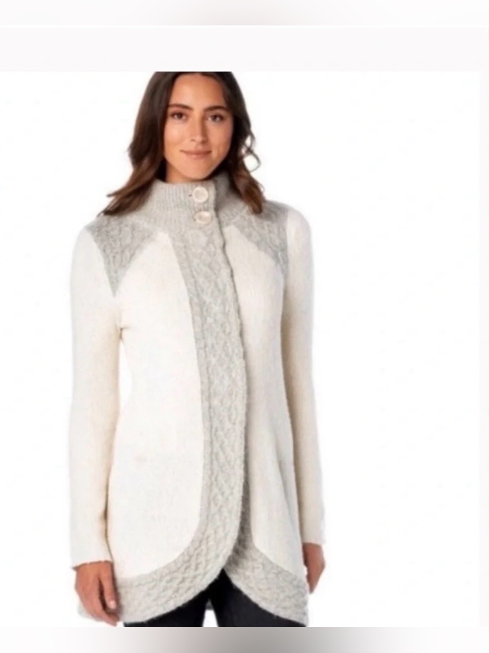Prana Cream Cardigan with Gray Cable Trim ptp 21 length 36